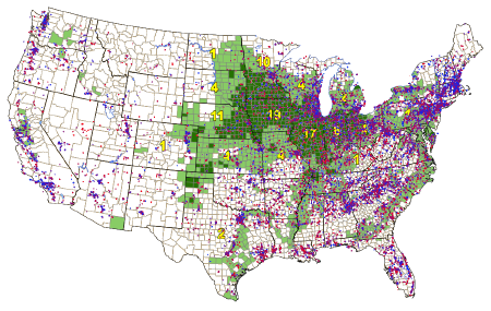 TRI reporting facilities overlaid on United States corn growing regions